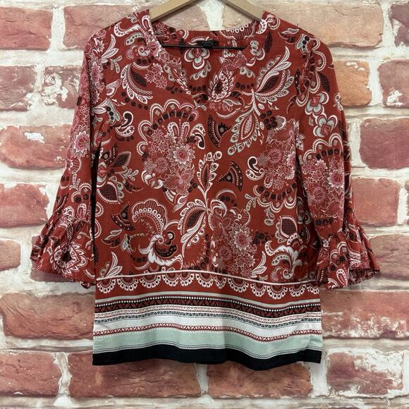 Ann Taylor Loft Top Women's S Rust Red Brown Multicolor Boho Floral Shirt - Picture 1 of 8